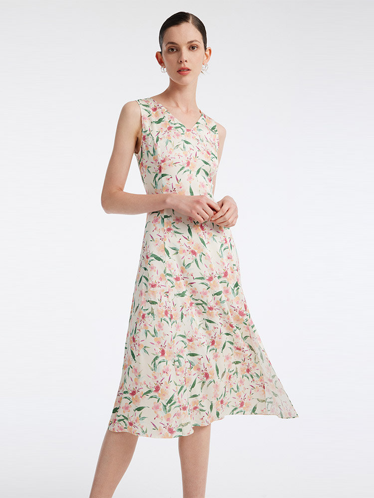 Green silk floral on sale dress